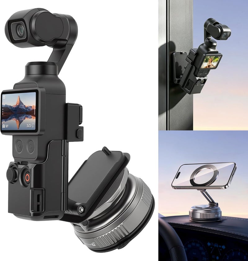 AMAZEAR Magnetic Mount and Suction Car Holder Combo for DJI OSMO Pocket 3 Accessories Superb Strong Adsorption Power Magnet Clamp and Base Stand for Mirror, Glass, Tile, Metal, Black - Image 1