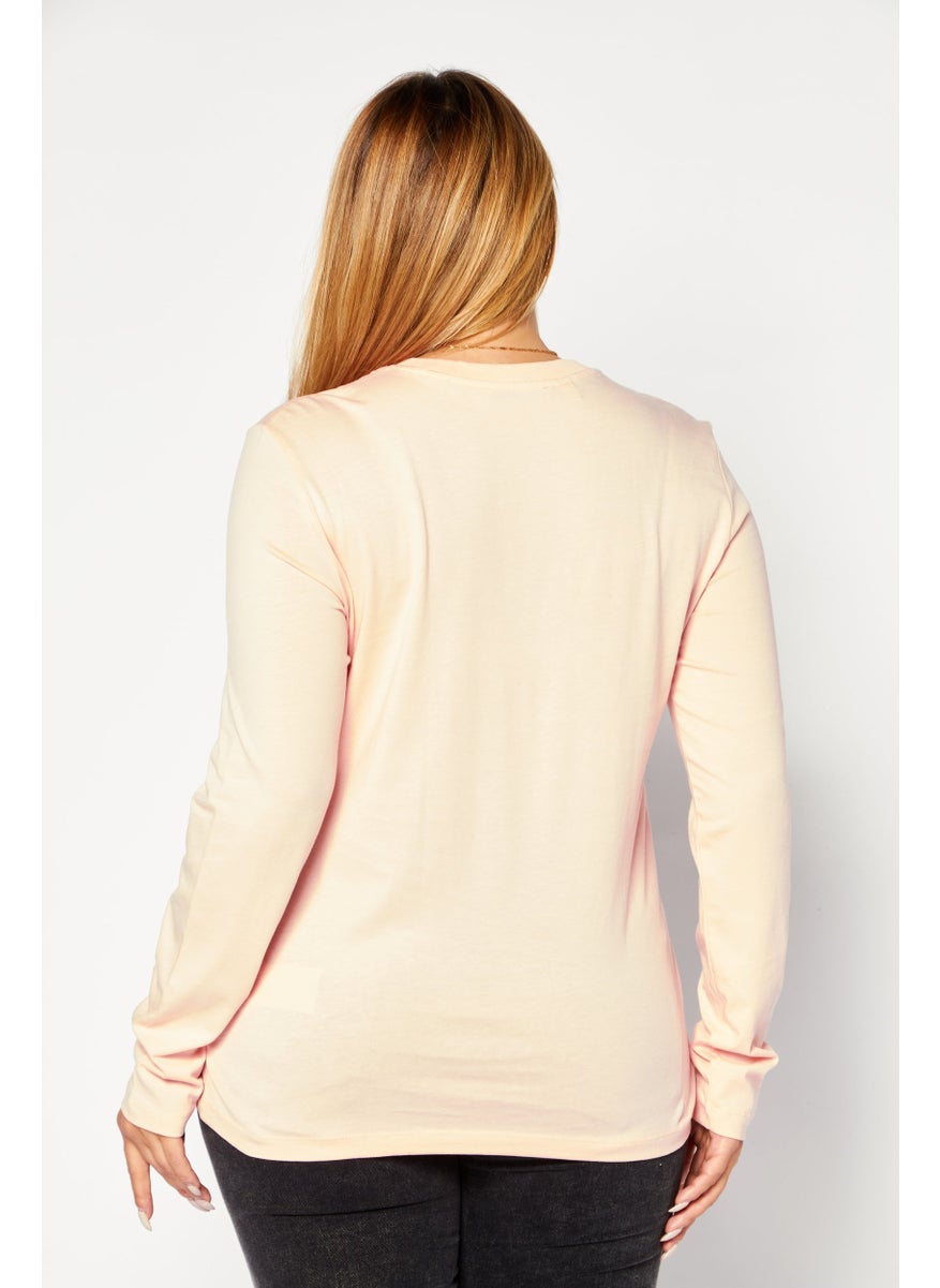 ESPRIT - Women Round Neck Long Sleeves Brand Logo Top, Peach Combo - Image 1