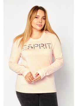Women Round Neck Long Sleeves Brand Logo Top, Peach Combo