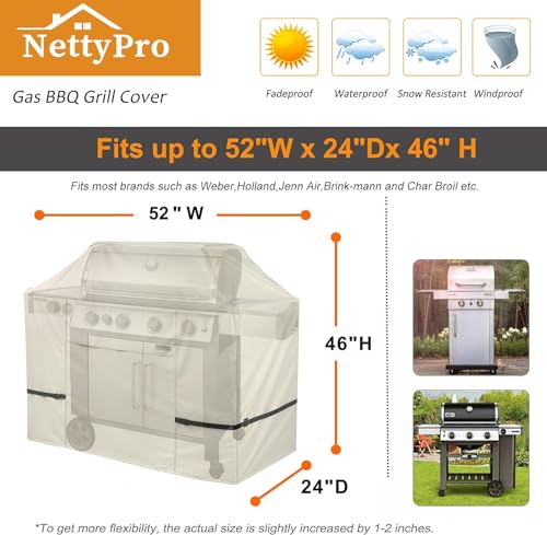 NettyPro Gas BBQ Grill Cover 52 Inch Waterproof 600D Heavy Duty Outdoor Barbecue Cover for Weber, Char-Broil, Brinkmann, Nexgrill Grills and More, Light Tan - Image 5