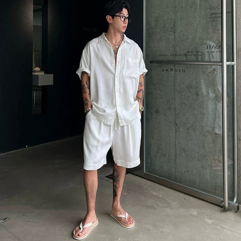 Lyocell Tencel Style Casual Suit for Men, Summer Thin Short-Sleeved Shirt Paired with Quick-Dry Shorts Two-Piece Set