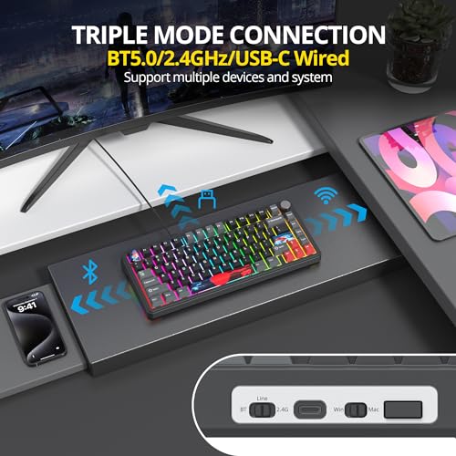 surmen M75 75% Wireless Creamy Keyboard with Gasket, Pre-lubed Triple Mode Bluetooth Mechanical Gaming Keyboard BT5.0/2.4Ghz/USB with Sound Absorbing Pads Hot-Swap(Shadow Red) - Image 2