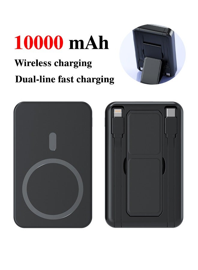 VOGMAX Black power bank Magnetic battery, 10000mAh power bank, comes with dual wire, Lingthing+Type-C, foldable magnetic wireless portable for iPhone, Android series - Image 1