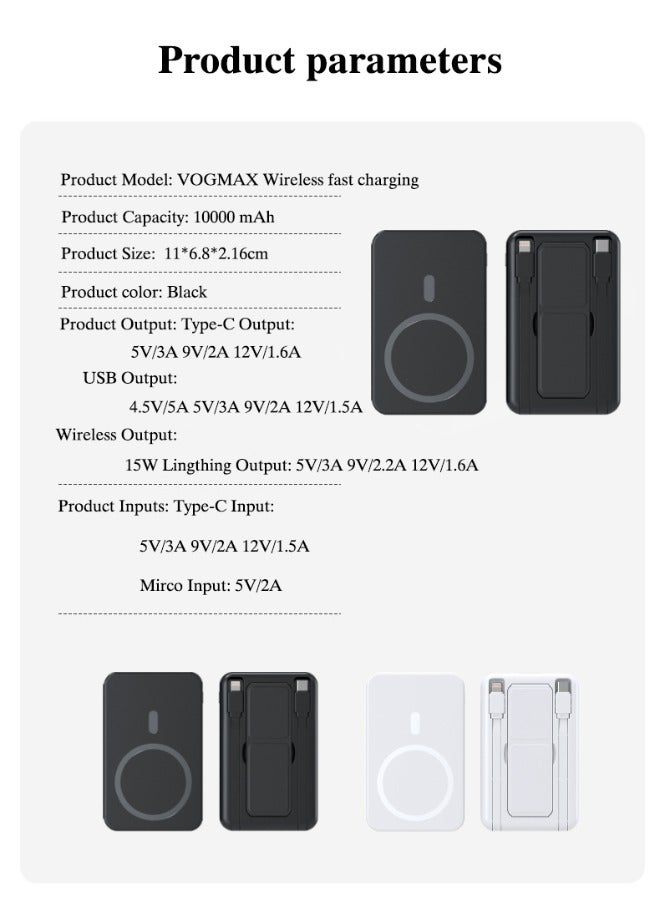 VOGMAX Black power bank Magnetic battery, 10000mAh power bank, comes with dual wire, Lingthing+Type-C, foldable magnetic wireless portable for iPhone, Android series - Image 2