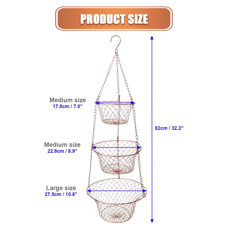 KH866 Hanging Fruit Basket â€“ 3 Tier Hanging Baskets for Kitchen â€“ Heavy Duty Wire Fruit and Vegetable Basket with Hooks, Copper Finish 32 Inches Kitchen Organizer, Storage Rack, Durable Iron - Image 2