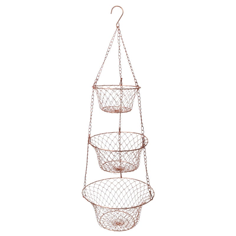 KH866 Hanging Fruit Basket â€“ 3 Tier Hanging Baskets for Kitchen â€“ Heavy Duty Wire Fruit and Vegetable Basket with Hooks, Copper Finish 32 Inches Kitchen Organizer, Storage Rack, Durable Iron - Image 1