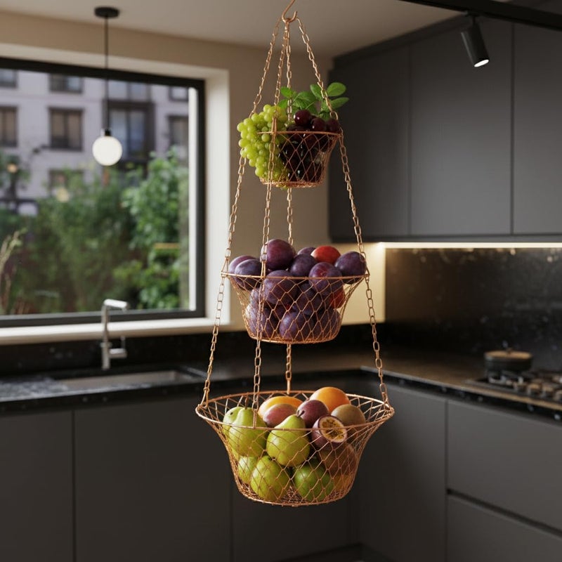 KH866 Hanging Fruit Basket â€“ 3 Tier Hanging Baskets for Kitchen â€“ Heavy Duty Wire Fruit and Vegetable Basket with Hooks, Copper Finish 32 Inches Kitchen Organizer, Storage Rack, Durable Iron - Image 5