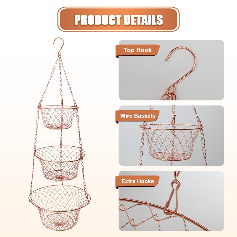 KH866 Hanging Fruit Basket â€“ 3 Tier Hanging Baskets for Kitchen â€“ Heavy Duty Wire Fruit and Vegetable Basket with Hooks, Copper Finish 32 Inches Kitchen Organizer, Storage Rack, Durable Iron - Image 3