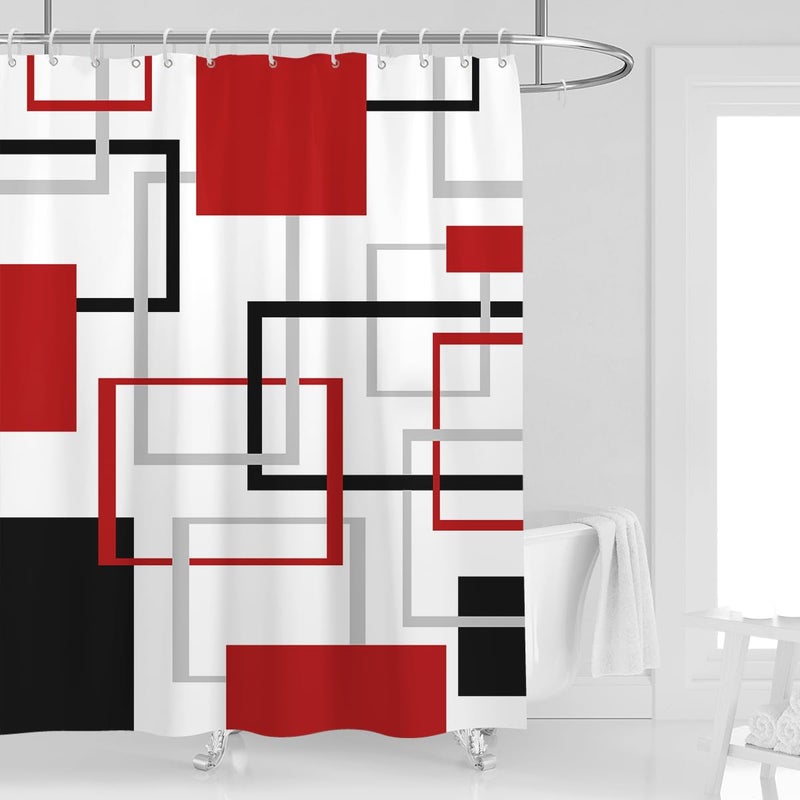 Kikiry Red Black Shower Curtain 72''W x 72''L Abstract White Grey Gray Geometric Cross Checkered Modern Geometry Minimalist Neutral Men Simple Design Polyester Waterproof 12 Pack Plastic Hooks - Image 1