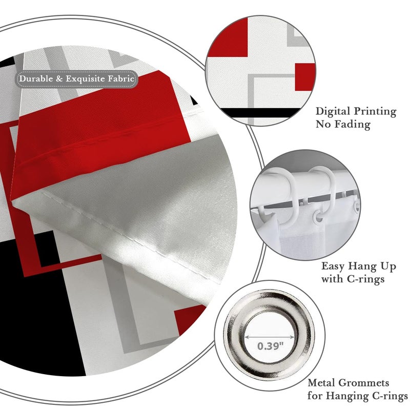 Kikiry Red Black Shower Curtain 72''W x 72''L Abstract White Grey Gray Geometric Cross Checkered Modern Geometry Minimalist Neutral Men Simple Design Polyester Waterproof 12 Pack Plastic Hooks - Image 3