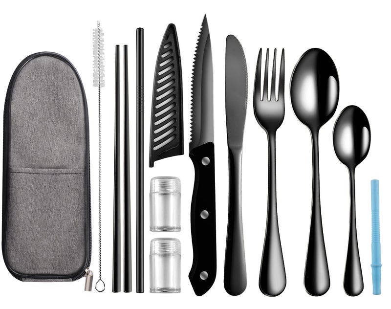 Logcow Travel Utensils with Case,Reusable Utensils,Portable Travel Camping Cutlery Set,Stainless Steel Flatware Set,Lunch Boxes Workplace Camping School Picnic (Black) - Image 1