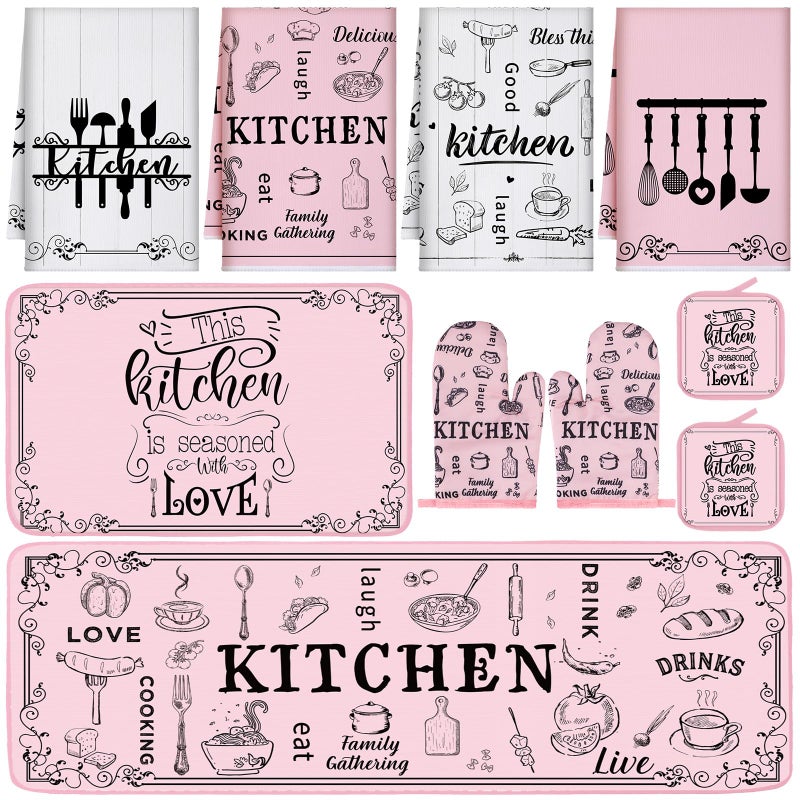 Fourluoo 10 Pcs Funny Pink Kitchen Decor Set 4 This Kitchen is Seasoned with Love Dish Towel 2 Pot Holders with Sayings 2 Oven Mitts Glove Rustic Non Slip Rug and Mat for Home Decoration Mom Gift - Image 1