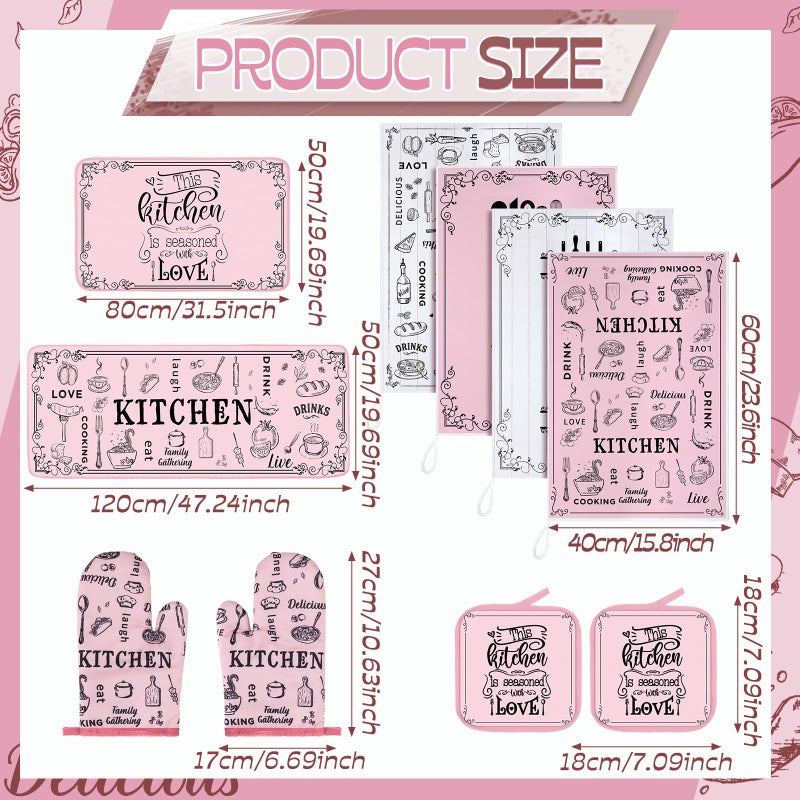 Fourluoo 10 Pcs Funny Pink Kitchen Decor Set 4 This Kitchen is Seasoned with Love Dish Towel 2 Pot Holders with Sayings 2 Oven Mitts Glove Rustic Non Slip Rug and Mat for Home Decoration Mom Gift - Image 3