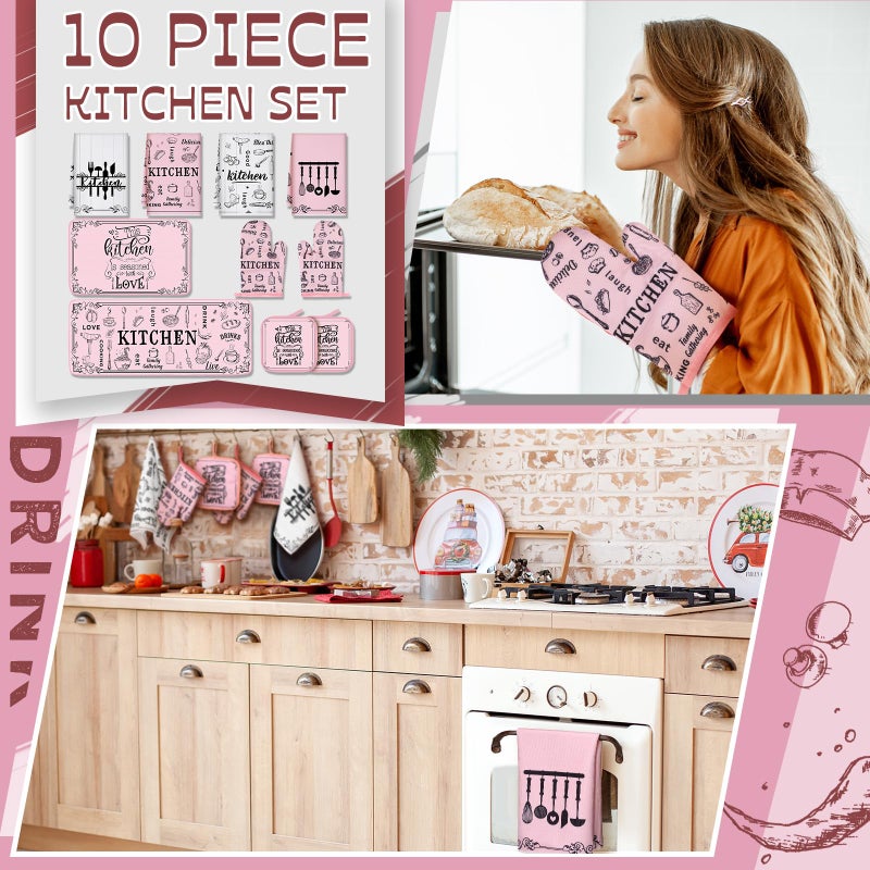 Fourluoo 10 Pcs Funny Pink Kitchen Decor Set 4 This Kitchen is Seasoned with Love Dish Towel 2 Pot Holders with Sayings 2 Oven Mitts Glove Rustic Non Slip Rug and Mat for Home Decoration Mom Gift - Image 2