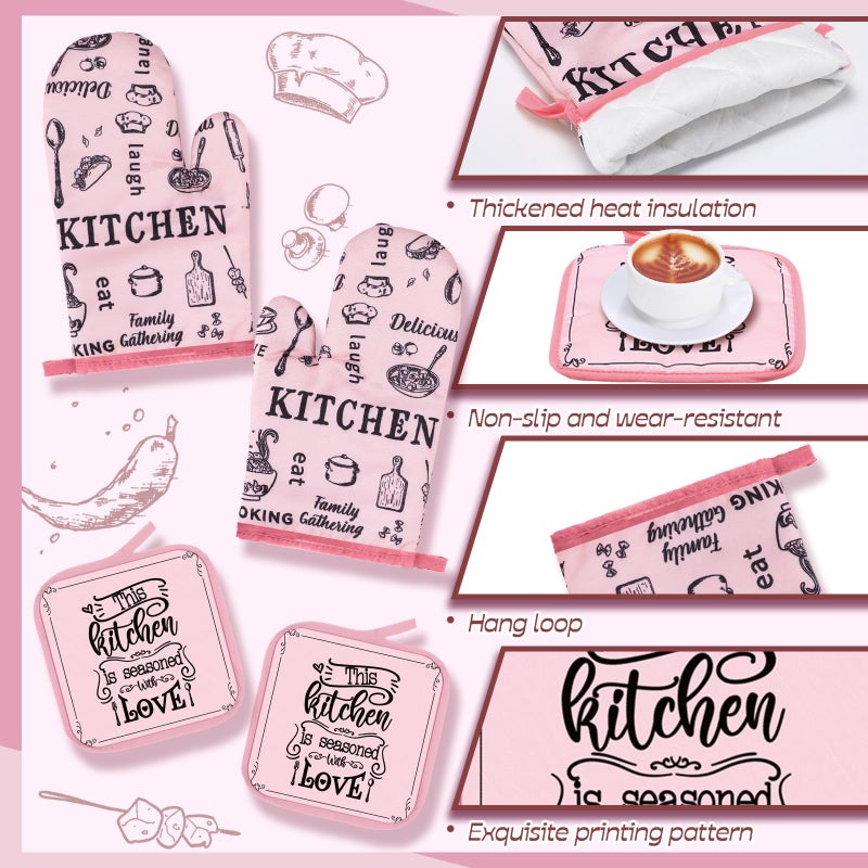 Fourluoo 10 Pcs Funny Pink Kitchen Decor Set 4 This Kitchen is Seasoned with Love Dish Towel 2 Pot Holders with Sayings 2 Oven Mitts Glove Rustic Non Slip Rug and Mat for Home Decoration Mom Gift - Image 5