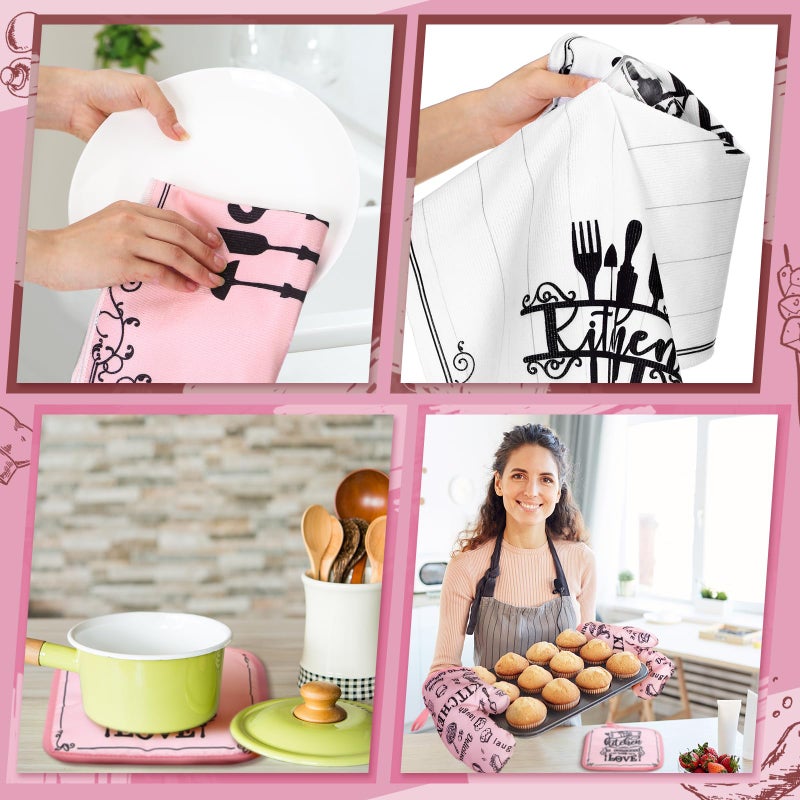 Fourluoo 10 Pcs Funny Pink Kitchen Decor Set 4 This Kitchen is Seasoned with Love Dish Towel 2 Pot Holders with Sayings 2 Oven Mitts Glove Rustic Non Slip Rug and Mat for Home Decoration Mom Gift - Image 4
