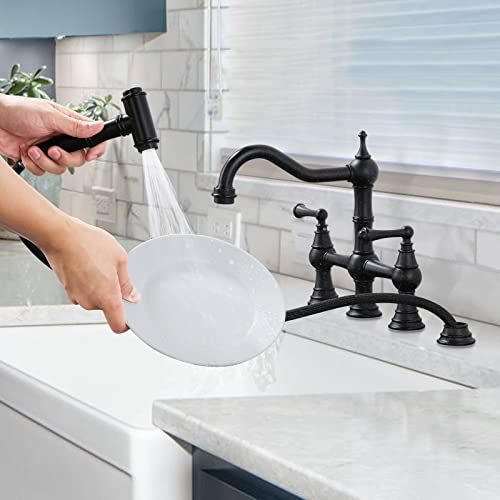 WOWOW Black Kitchen Faucet with Side Sprayer, 4 Hole Brass Kitchen Faucets for Sink, 2 Handle 8 Inch Centerset Bridge Faucet Vintage Farmhouse Copper Kitchen Sink Faucets - Image 2