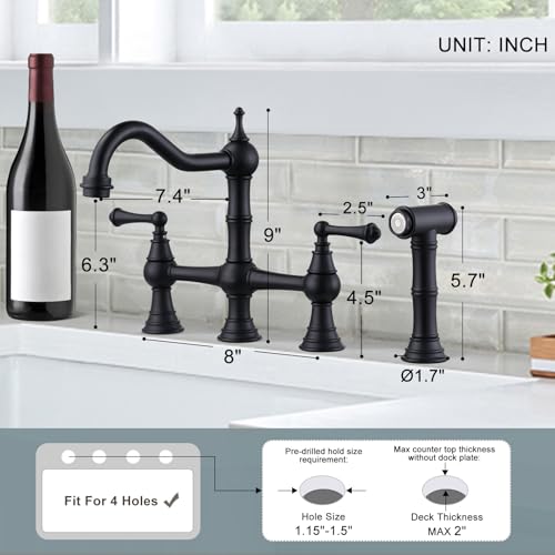WOWOW Black Kitchen Faucet with Side Sprayer, 4 Hole Brass Kitchen Faucets for Sink, 2 Handle 8 Inch Centerset Bridge Faucet Vintage Farmhouse Copper Kitchen Sink Faucets - Image 5