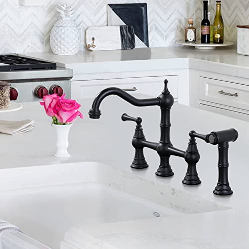 WOWOW Black Kitchen Faucet with Side Sprayer, 4 Hole Brass Kitchen Faucets for Sink, 2 Handle 8 Inch Centerset Bridge Faucet Vintage Farmhouse Copper Kitchen Sink Faucets - Image 3