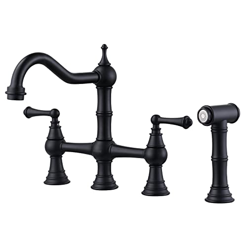 WOWOW Black Kitchen Faucet with Side Sprayer, 4 Hole Brass Kitchen Faucets for Sink, 2 Handle 8 Inch Centerset Bridge Faucet Vintage Farmhouse Copper Kitchen Sink Faucets - Image 1