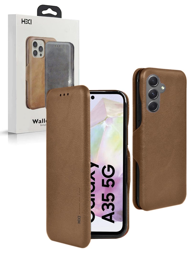 HDCI PU Leather Texture Flip Wallet Case Cover For Samsung Galaxy A35 5G 2024 Brown  - Image 1