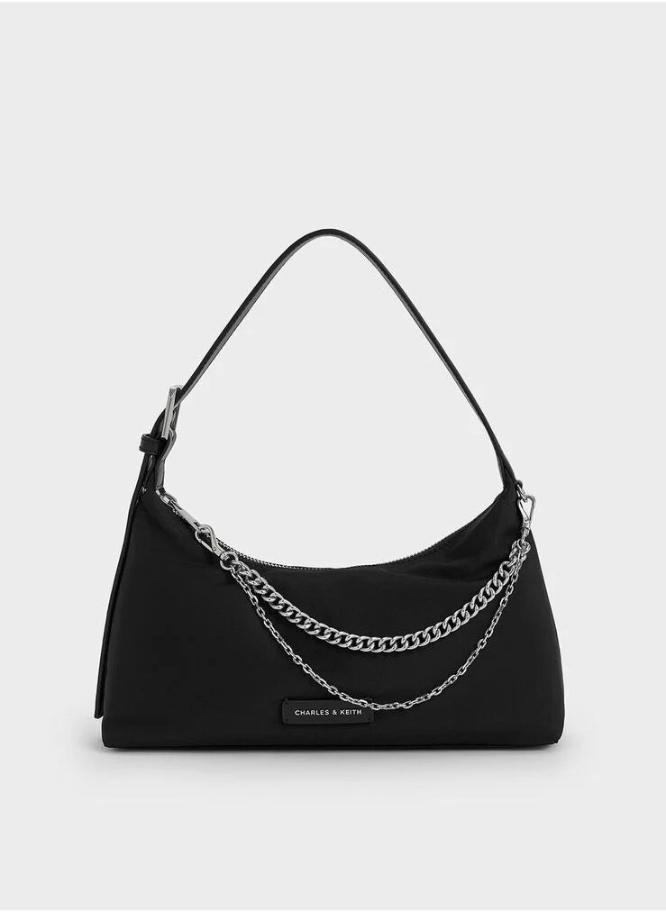 Charles & Keith Nylon Chain-Link Trapeze Shoulder Bag & Crossbody Bag - Black  - Image 1