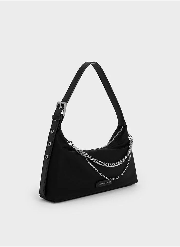 Charles & Keith Nylon Chain-Link Trapeze Shoulder Bag & Crossbody Bag - Black  - Image 2