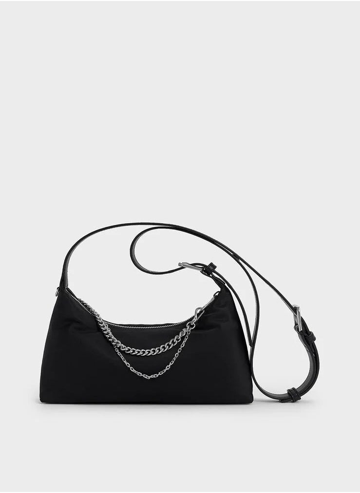 Charles & Keith Nylon Chain-Link Trapeze Shoulder Bag & Crossbody Bag - Black  - Image 3
