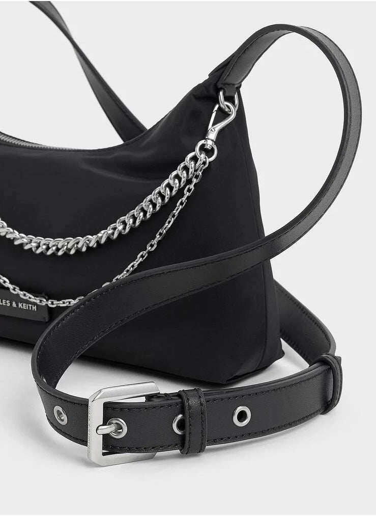 Charles & Keith Nylon Chain-Link Trapeze Shoulder Bag & Crossbody Bag - Black  - Image 4