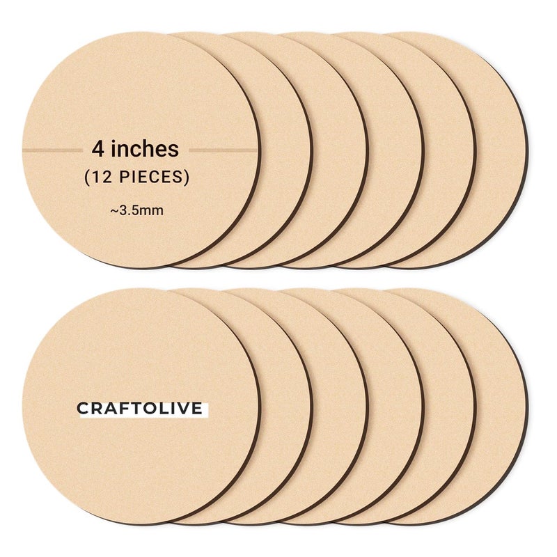 Craftolive Round Circle MDF Pine Board Cutout Coasters for DIY Painting and Art Craft 35mm Thick 4 Inches Wide Pack of 12 - Image 1