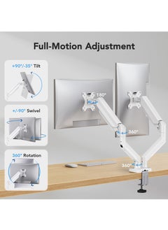 Fh Dual Monitor Mount for 17 to 32 inch Screen, Each Arm Holds Max 10Kg, Gas Spring Dual Monitor Stand, Height Adjustable/Tilt/Swivel/Rotate, VESA 75mm or 100mm White  - Image 3