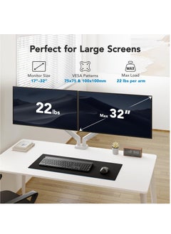 Fh Dual Monitor Mount for 17 to 32 inch Screen, Each Arm Holds Max 10Kg, Gas Spring Dual Monitor Stand, Height Adjustable/Tilt/Swivel/Rotate, VESA 75mm or 100mm White  - Image 2