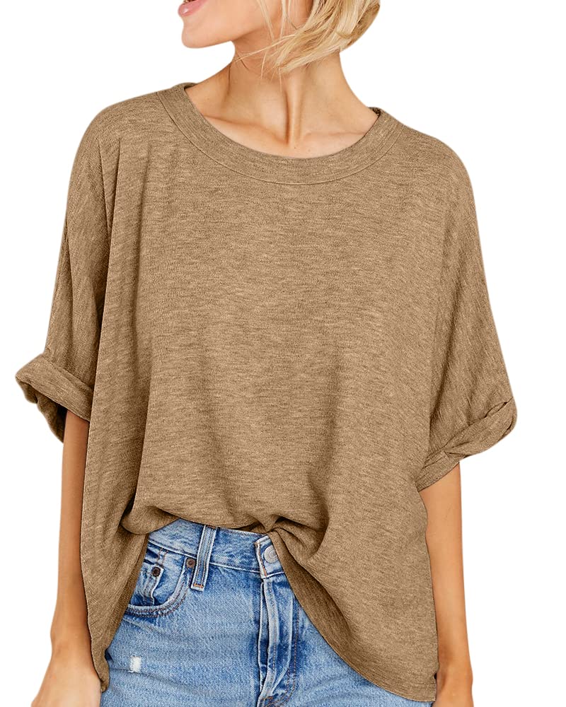 GeGekoko Women Oversized T-Shirt Summer Casual Short Sleeve Loose Tee Tops Khaki - Image 1
