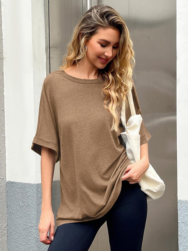 GeGekoko Women Oversized T-Shirt Summer Casual Short Sleeve Loose Tee Tops Khaki - Image 5