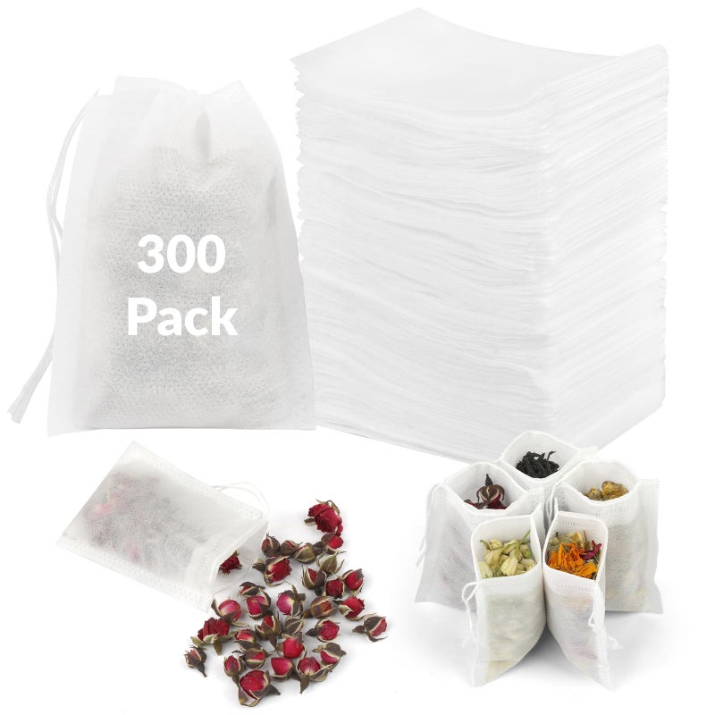 Mkobon 300 Pcs Disposable Tea Bags for Loose Leaf Tea, Unbleached Food-grade Tea Filter Sachets with Drawstring, Empty Tea Infuser Bag for Coffee, Herbs, Spices (3.54" x 2.75") - Image 1