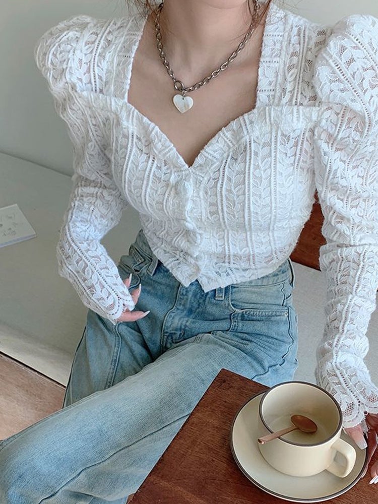 2025 New Lace Long-Sleeve Stylish Versatile Fashion Personality Top With Unique Square Neckline Design - Image 2