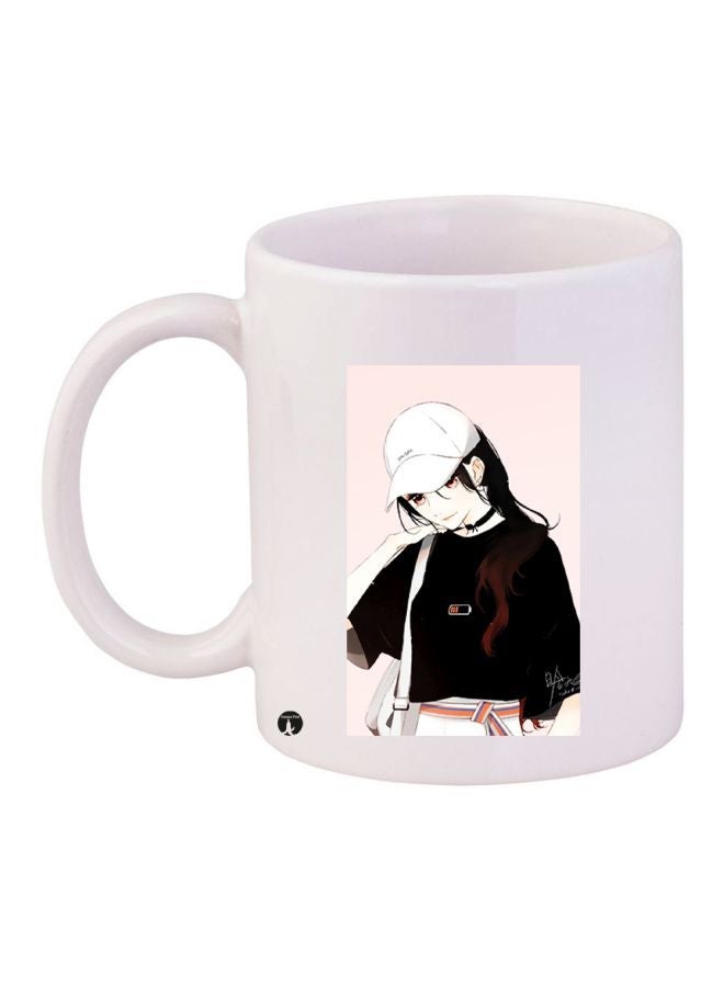 RYN Anime Printed Ceramic Coffee Mug White/Brown/Pink 11ounce