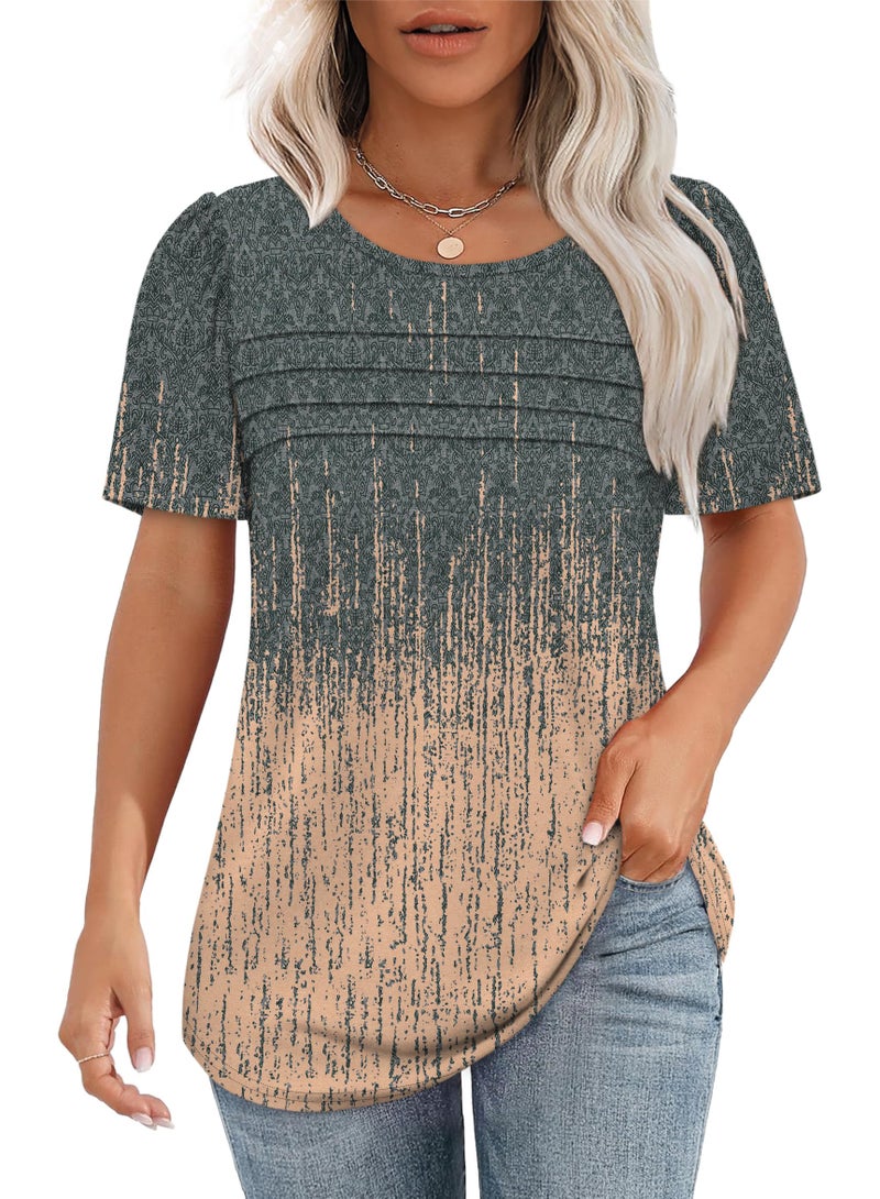 OFEEFAN Womens Tops Dressy Casual Boho Tie Dye Shirt Short Sleeve Blouses Beach Vacation Clothes Summer Plus Size Tshirts for Curvy Women Grey Coral L - Image 1