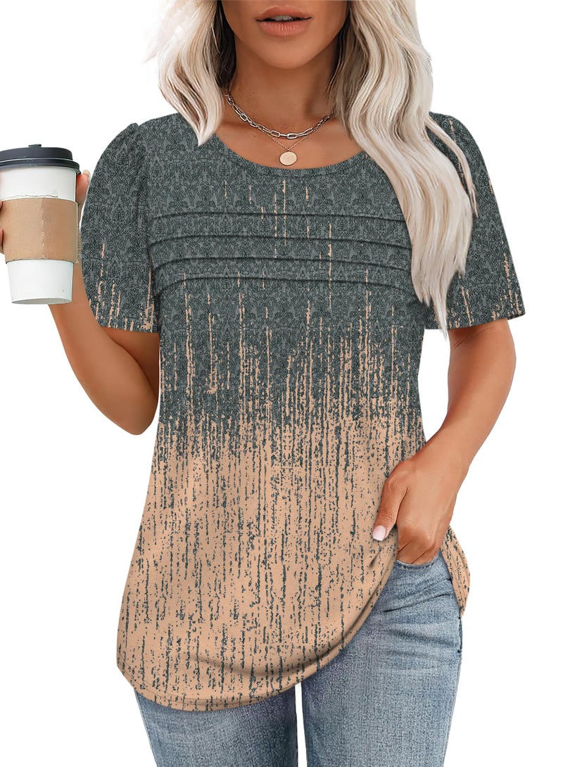 OFEEFAN Womens Tops Dressy Casual Boho Tie Dye Shirt Short Sleeve Blouses Beach Vacation Clothes Summer Plus Size Tshirts for Curvy Women Grey Coral L - Image 2