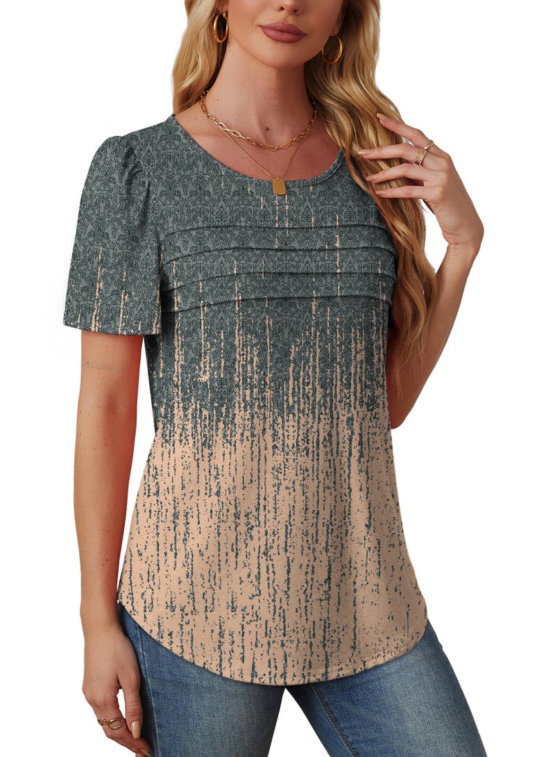 OFEEFAN Womens Tops Dressy Casual Boho Tie Dye Shirt Short Sleeve Blouses Beach Vacation Clothes Summer Plus Size Tshirts for Curvy Women Grey Coral L - Image 4