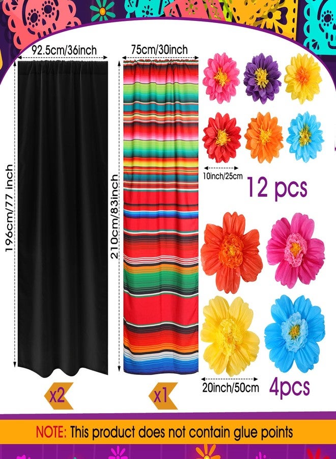 Tingjoo 19 Pcs Mexican Fiesta Decorations Set Mexican Paper Flowers Polyester Backdrop Curtains Backdrop Fiesta Party Decorations Supplies Set for Cinco De Mayo Party Wedding Birthday(Black,Flower) - Image 2