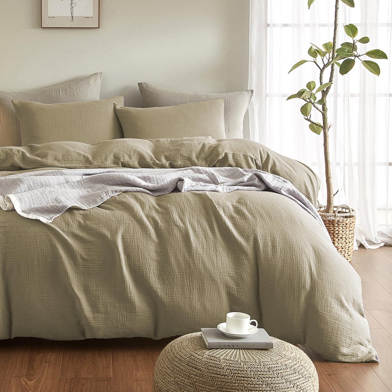 SE SOFTEXLY Muslin Duvet Cover Queen Size, 100% Washed Cotton Duvet Cover Set, Ultra Soft Comforter Cover Linen Like, 3 Pieces Minimalist Gauze Duvet Cover with 2 Pillowcases, 90"x90", Beige - Image 1