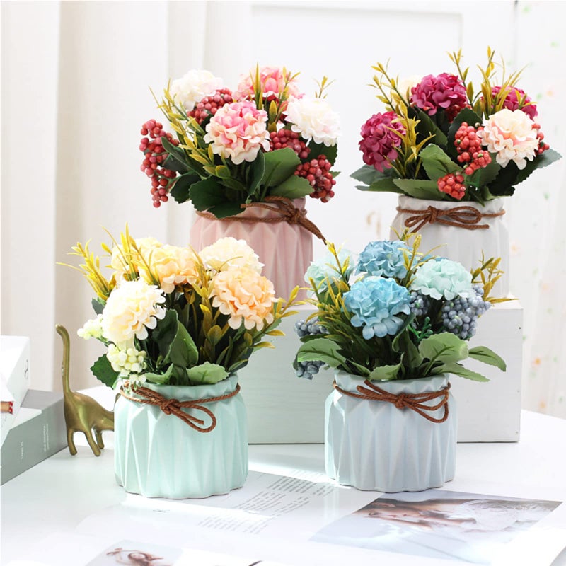 BLOSMON Fake Flowers in Vase for Centerpieces: 4 PCS 5.9 Inch Small Artificial Hydrangea with Vase Table Decor - Faux Floral Arrangements Desk Home Party Bathroom Office Decorations - Image 2