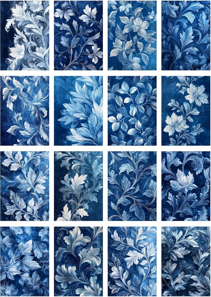 Flonz Decoupage Paper Pack (35 Sheets 6"x8") Blue Elegance: Graceful Swirling Patterns of White and Blue Floral Motifs, showcasing Intricate Leaf Designs with Timeless Beauty Vintage - Image 2