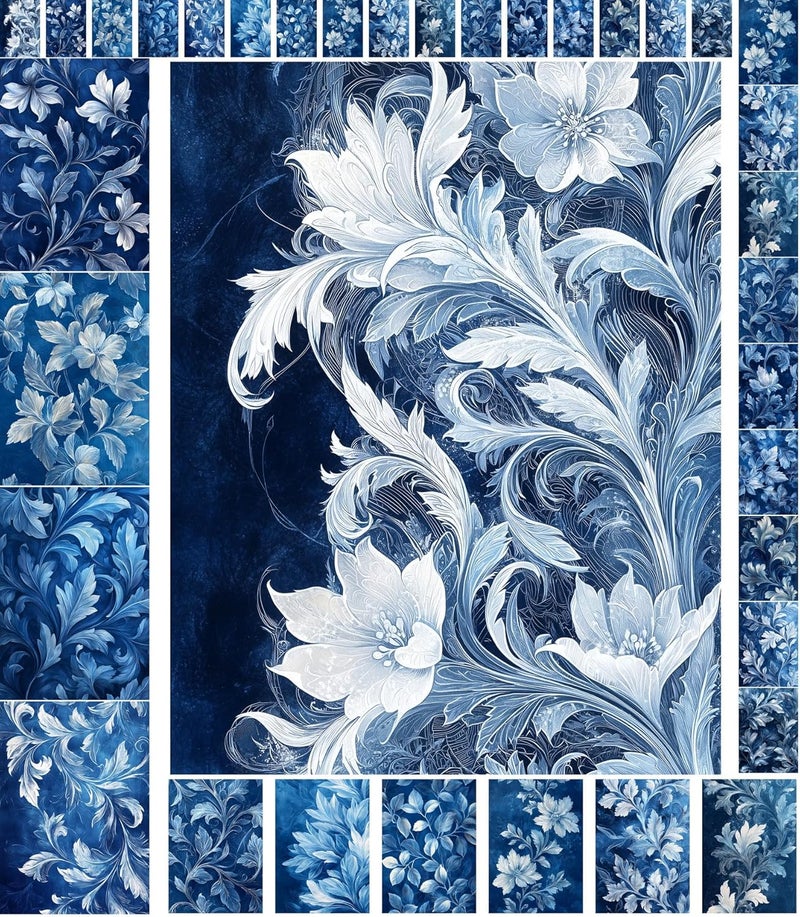 Flonz Decoupage Paper Pack (35 Sheets 6"x8") Blue Elegance: Graceful Swirling Patterns of White and Blue Floral Motifs, showcasing Intricate Leaf Designs with Timeless Beauty Vintage - Image 1