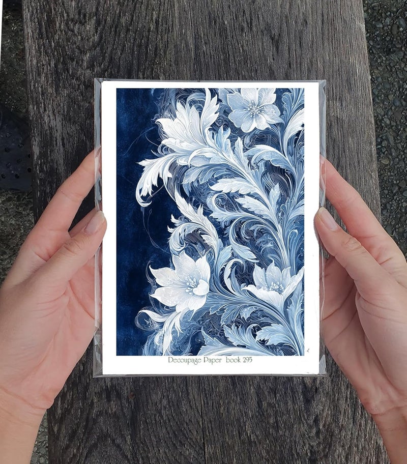 Flonz Decoupage Paper Pack (35 Sheets 6"x8") Blue Elegance: Graceful Swirling Patterns of White and Blue Floral Motifs, showcasing Intricate Leaf Designs with Timeless Beauty Vintage - Image 3