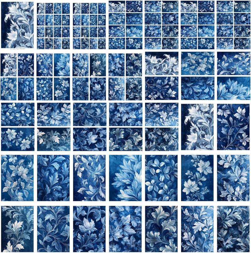 Flonz Decoupage Paper Pack (35 Sheets 6"x8") Blue Elegance: Graceful Swirling Patterns of White and Blue Floral Motifs, showcasing Intricate Leaf Designs with Timeless Beauty Vintage - Image 4