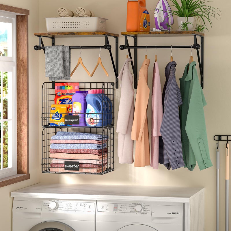 DAOUTIME Laundry Room Shelves Wall Mounted with Wire Baskets, Over the Washer and Dryer Shelf with Clothes Drying Rack, Wire Shelves Baskets for Laundry Closet Organization and Storage, Wood+Metal, Black - Image 2