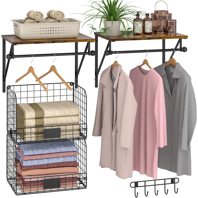 DAOUTIME Laundry Room Shelves Wall Mounted with Wire Baskets, Over the Washer and Dryer Shelf with Clothes Drying Rack, Wire Shelves Baskets for Laundry Closet Organization and Storage, Wood+Metal, Black - Image 1