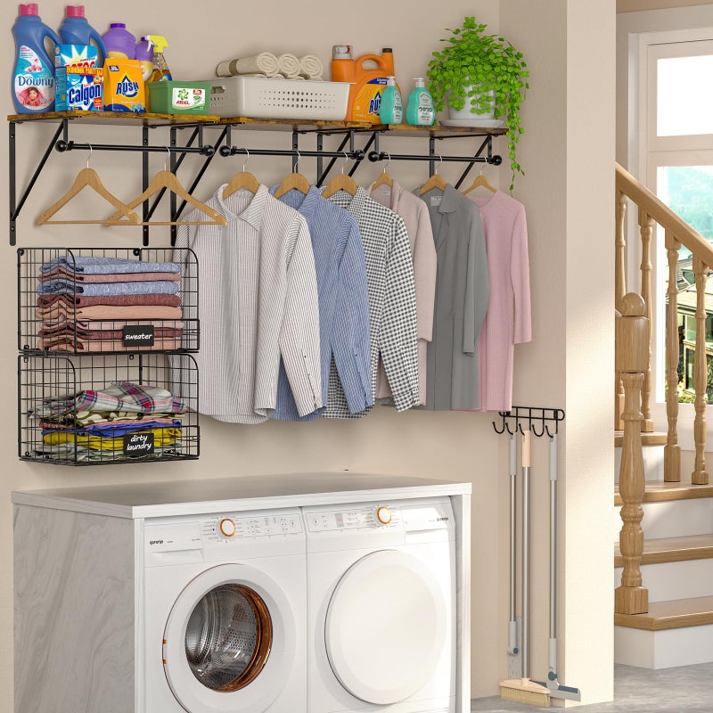 DAOUTIME Laundry Room Shelves Wall Mounted with Wire Baskets, Over the Washer and Dryer Shelf with Clothes Drying Rack, Wire Shelves Baskets for Laundry Closet Organization and Storage, Wood+Metal, Black - Image 5